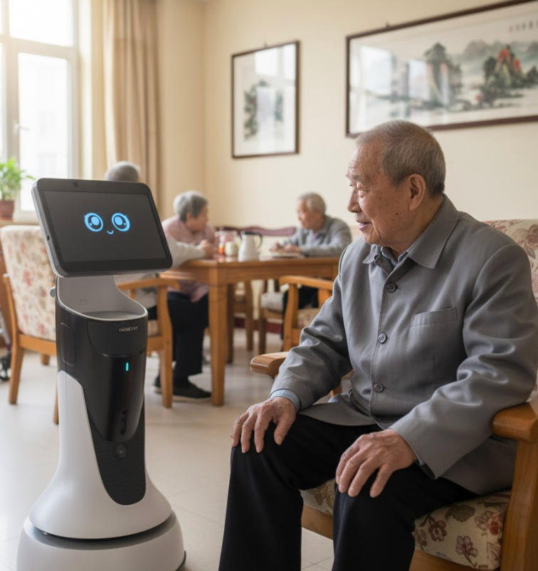 猎户星空豹小秘mini机器人在养老院大厅与老人互动